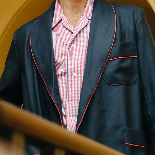 Close up detail of model wearing Plain Wool Dressing Gown in Navy
