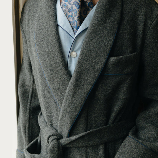 Close up detail of male model wearing Plain Cashmere and Wool Dressing Gown in Charcoal and Navy
