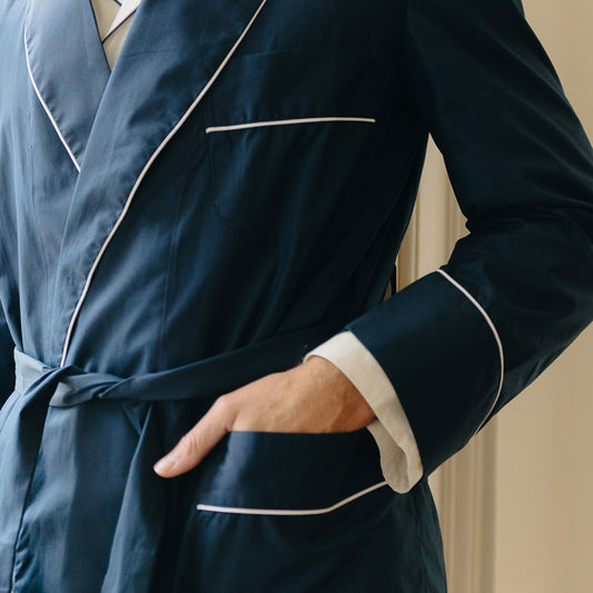 Close up detail image of belted Plain Cotton Poplin Dressing Gown in Navy with White Trim
