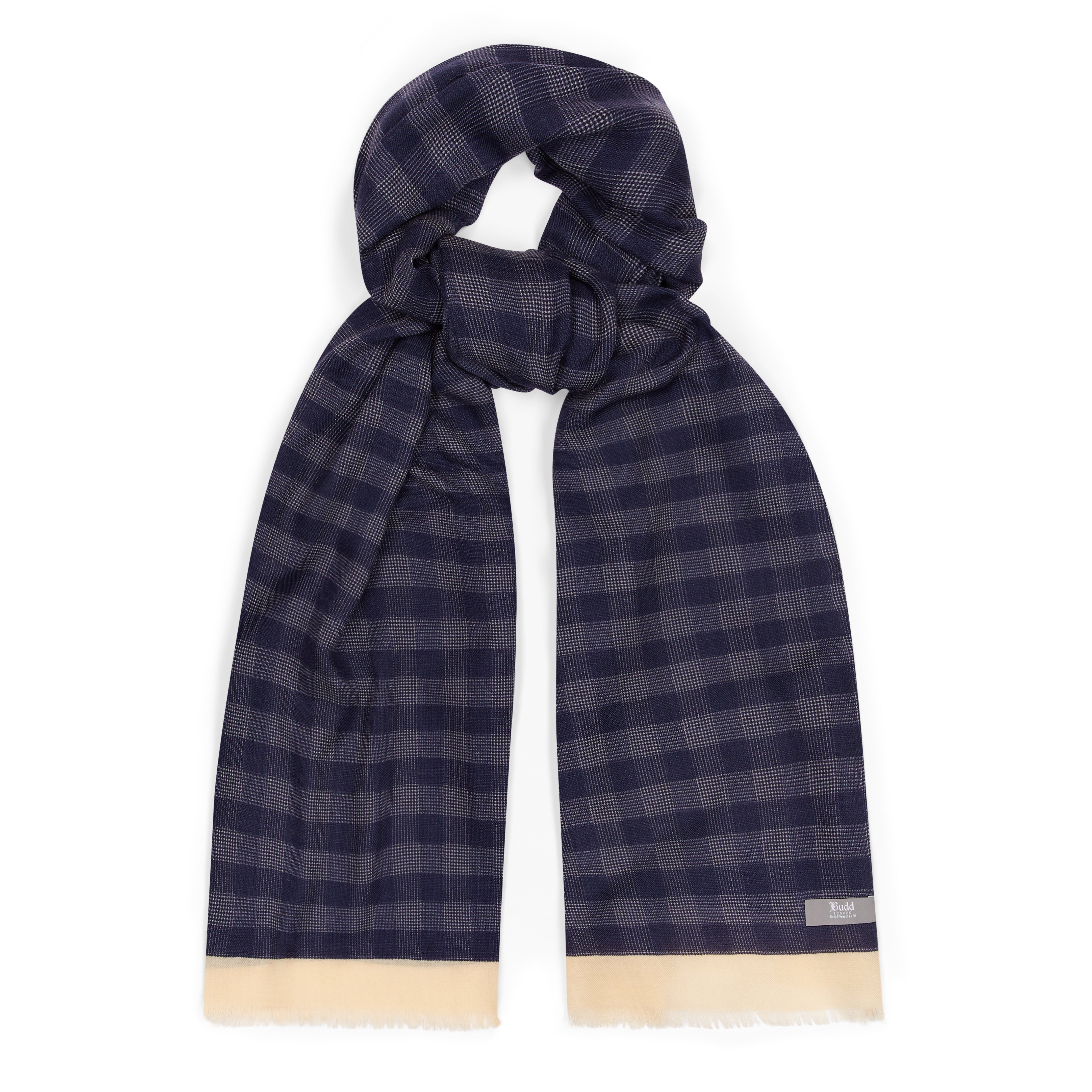 Glen Plaid Wool and Cashmere Scarf in Navy and Cream – Budd London