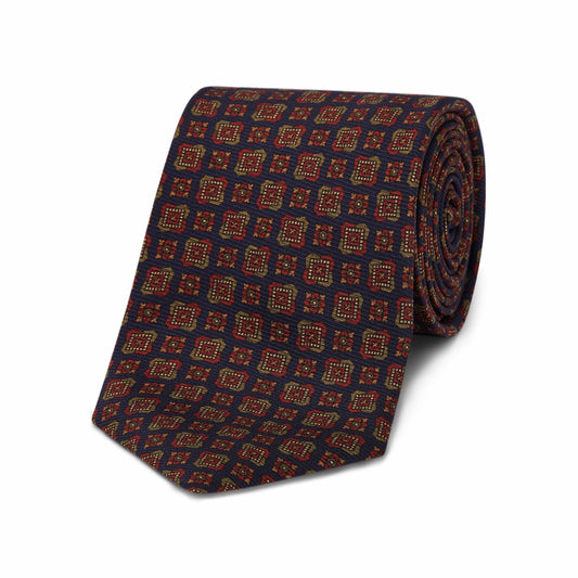 Oblique Floral Motif Silk Tie in Navy