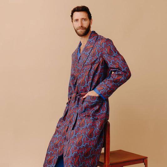 Ornate Paisley Madder Silk Dressing Gown in Azure