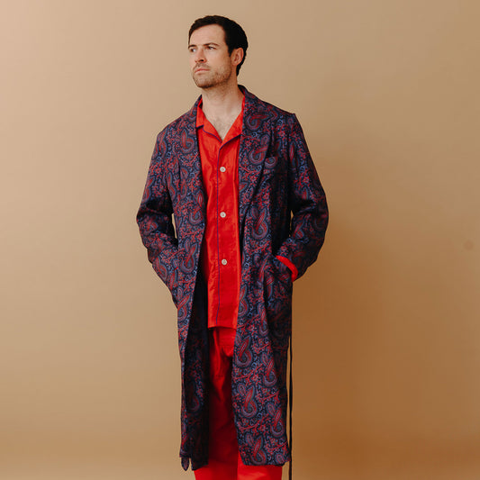 Ornate Paisley Madder Silk Dressing Gown in Navy