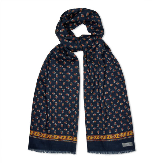 Geometric Motif Print Wool Silk Scarf in Navy