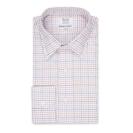 Classic Fit Flanello Brushed Cotton Check Shirt in Blue and Orange