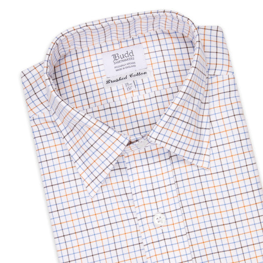 Classic Fit Flanello Brushed Cotton Check Shirt in Blue and Orange