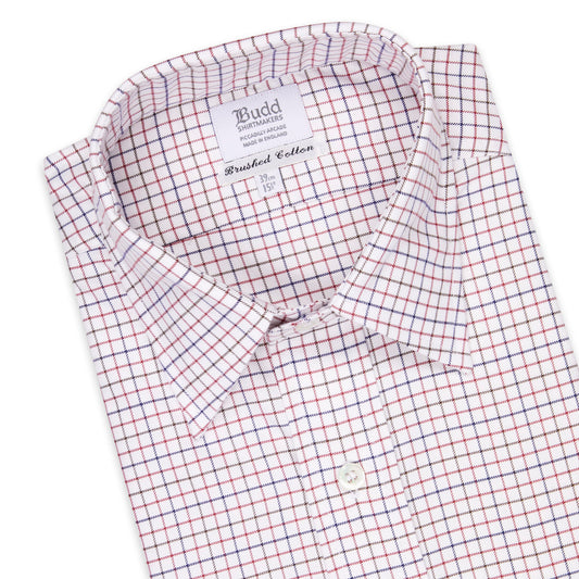 Classic Fit Flanello Brushed Cotton Check Shirt in Red and Navy