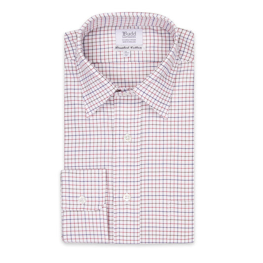 Classic Fit Flanello Brushed Cotton Check Shirt in Red and Navy