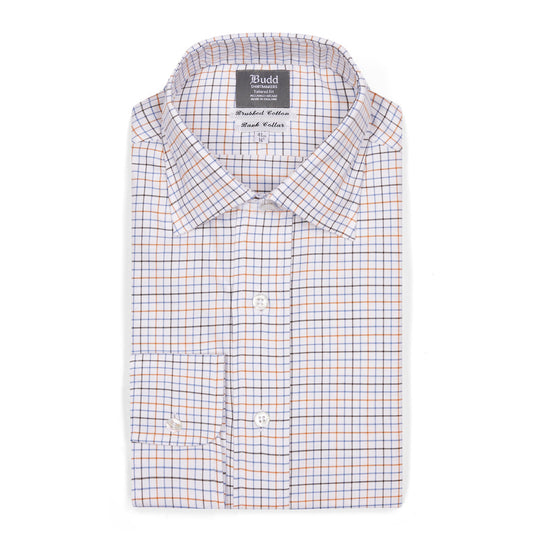 Tailored Fit Flanello Brushed Cotton Check Shirt in Blue and Orange