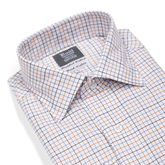 Tailored Fit Flanello Brushed Cotton Check Shirt in Blue and Orange