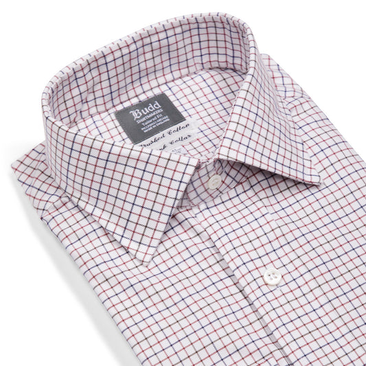 Tailored Fit Flanello Brushed Cotton Check Shirt in Red and Navy