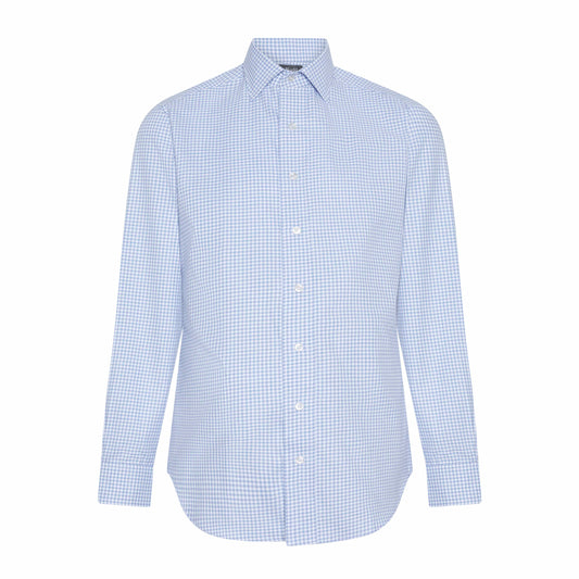 Tailored Fit Flanello Brushed Cotton Gingham Shirt in Sky Blue