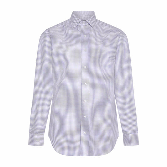 Tailored Fit Flanello Brushed Cotton Gingham Shirt in Sky Blue and Coffee