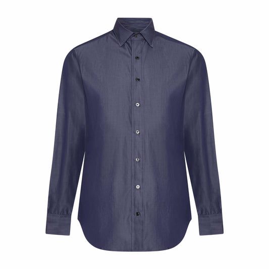 Tailored Fit Chambray Bank Collar Shirt in Navy