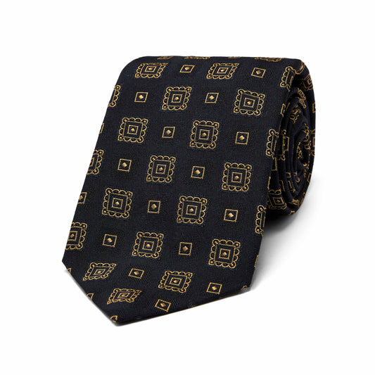 Deco Motif Jacquard Silk Tie in Navy