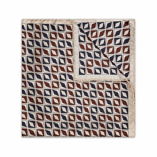 Geometric Diamond Silk Pocket Square in Ivory and Copper