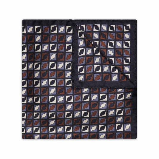 Geometric Diamond Silk Pocket Square in Navy and Copper