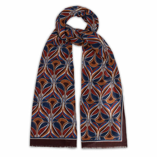 Abstract Botanical Fine Wool Scarf in Chocolate