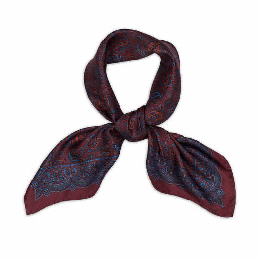 Ornate Border Paisley Madder Silk Neckerchief in Burgundy