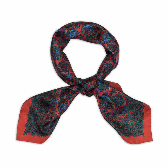 Ornate Border Paisley Madder Silk Neckerchief in Red