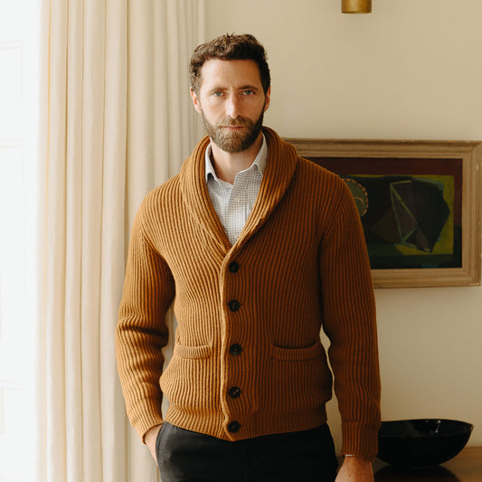 Huntley Cashmere Shawl Neck Ribbed Cardigan in Vintage Vicuna