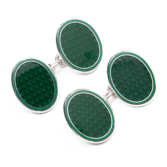 Sterling Silver Engine Turned Enamel Cufflinks in Emerald