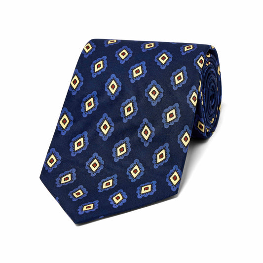 Diamond Medallion Macclesfield Madder Silk Tie in Navy