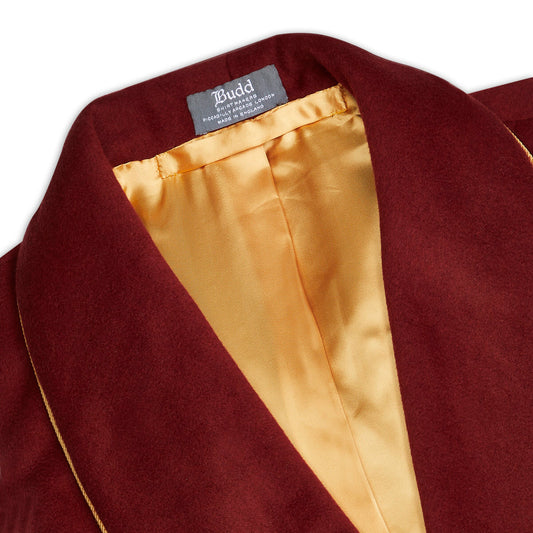 Cashmere and Wool Satin Lined Dressing Gown in Deep Red and Gold