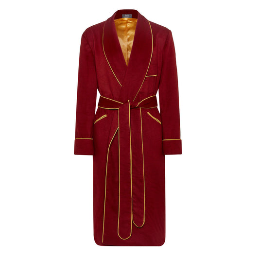 Cashmere and Wool Satin Lined Dressing Gown in Deep Red and Gold