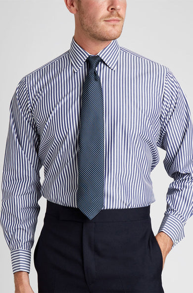 Close up of man wearing a Budd Stripe Blue Shirt and Tie