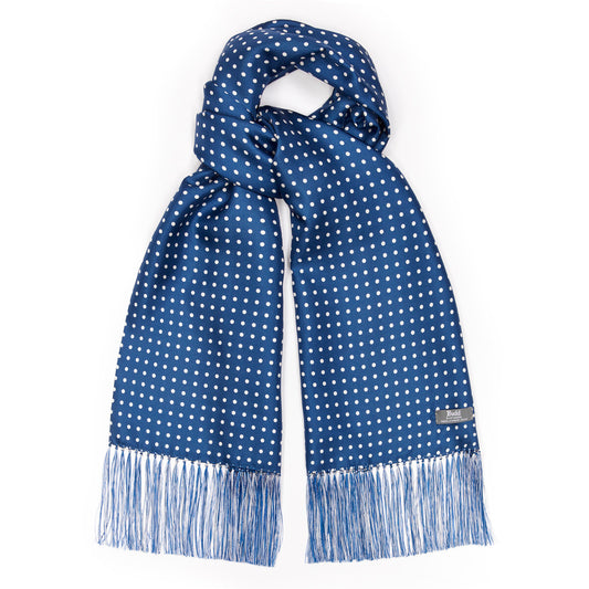 Butcher blue and white silk spot scarf with matching hand tassels 