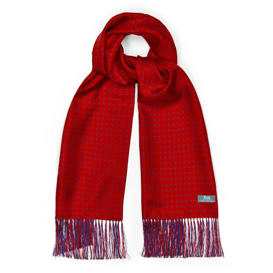 Red and navy silk spot scarf with tassels
