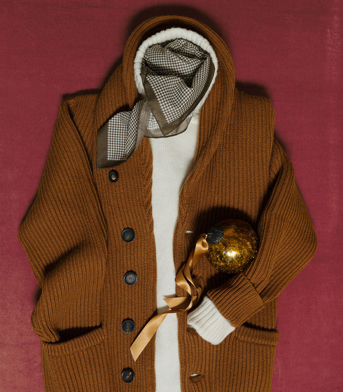 Luxrury Cashmere, Huntley Cashmere Shawl Neck Ribbed Cardigan in Vintage Vicuna
