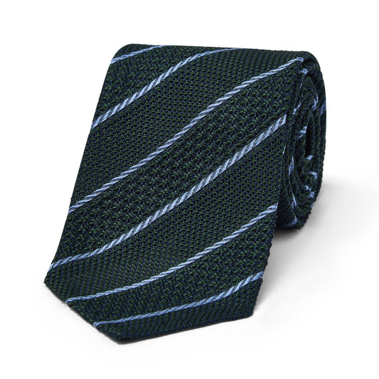 Stripe Grenadine Unlined Silk Tie in Bottle Green and Sky Blue