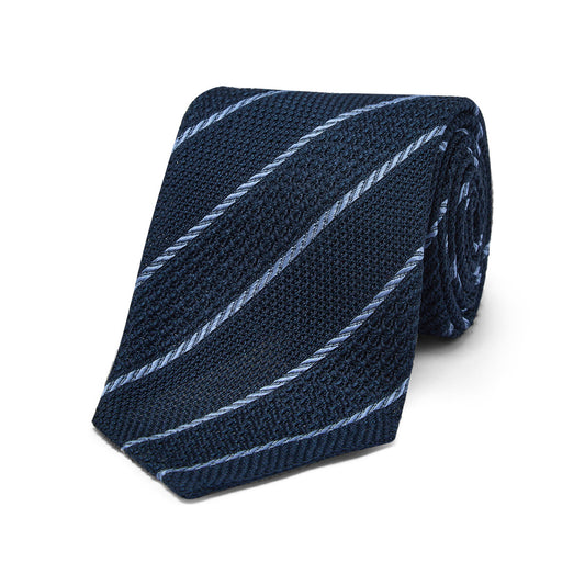 Stripe Grenadine Unlined Silk Tie in Navy and Sky Blue