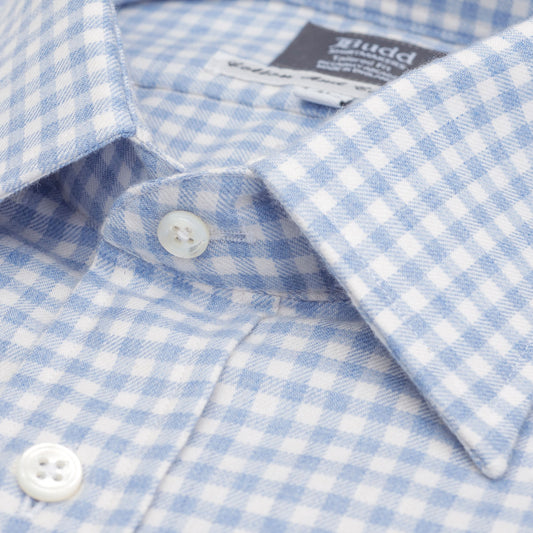 Tailored Fit Block Check Cotton and Cashmere Shirt in Sky Blue