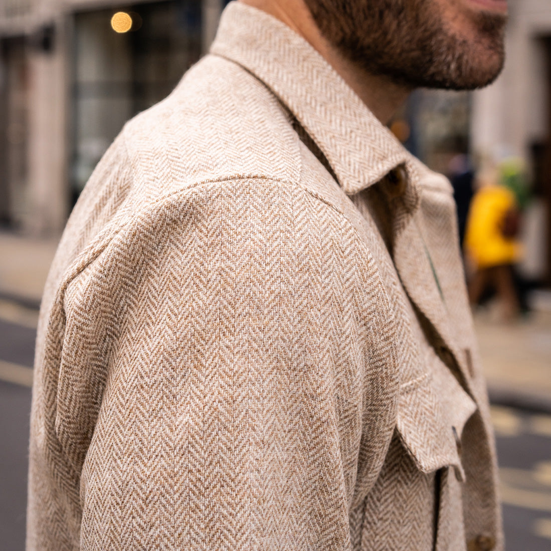 Herringbone Wool Button Cuff Safari Shirt in Natural | Budd Shirts