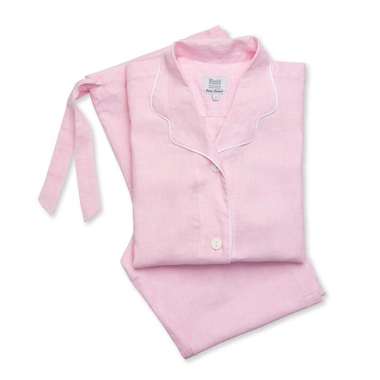 Small Check Linen Women's Pyjamas in Pink in White