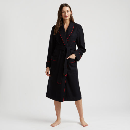 Plain Cashmere and Wool Dressing Gown in Navy and Wine on female model