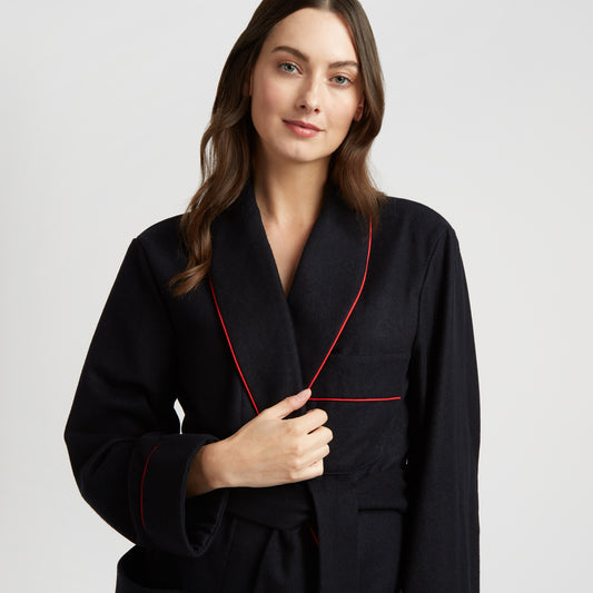 Plain Cashmere and Wool Dressing Gown in Navy and Wine on female model detailed